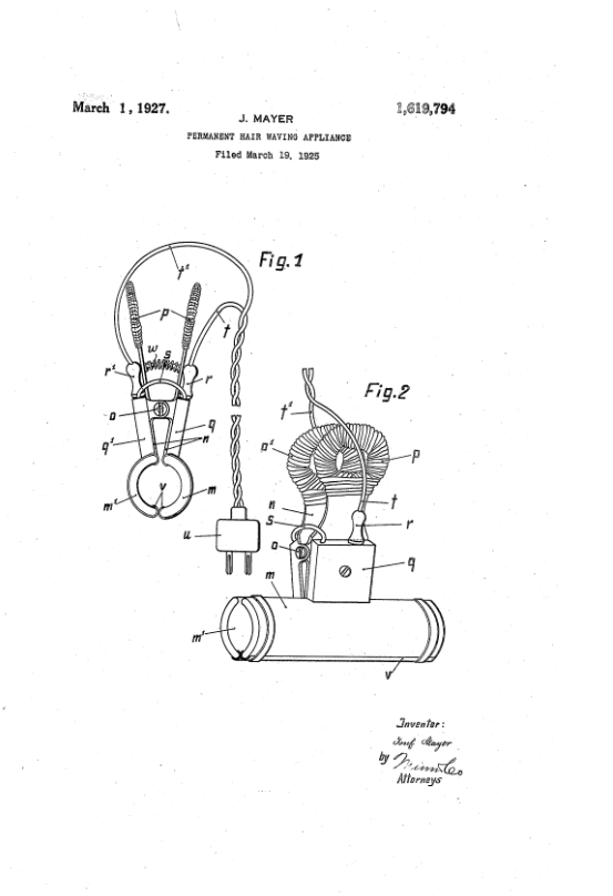 Josef Mayer 1927 United States patent technical drawing showing the hinged electric heating apparatus